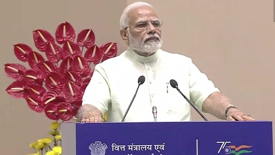 Prime Minister Narendra Modi inaugurates the 'Iconic Week Celebrations' of the ministry of finance and ministry of corporate affairs at Vigyan Bhawan in New Delhi on Monday.(ANI)