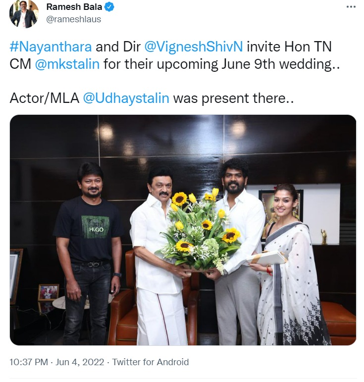 Nayanthara and Vignesh Shivn offer wedding invitation to Tamil Nadu CM MK Stalin. Nayanthara and Vignesh Shivn offer wedding invitation to Tamil Nadu CM MK Stalin.