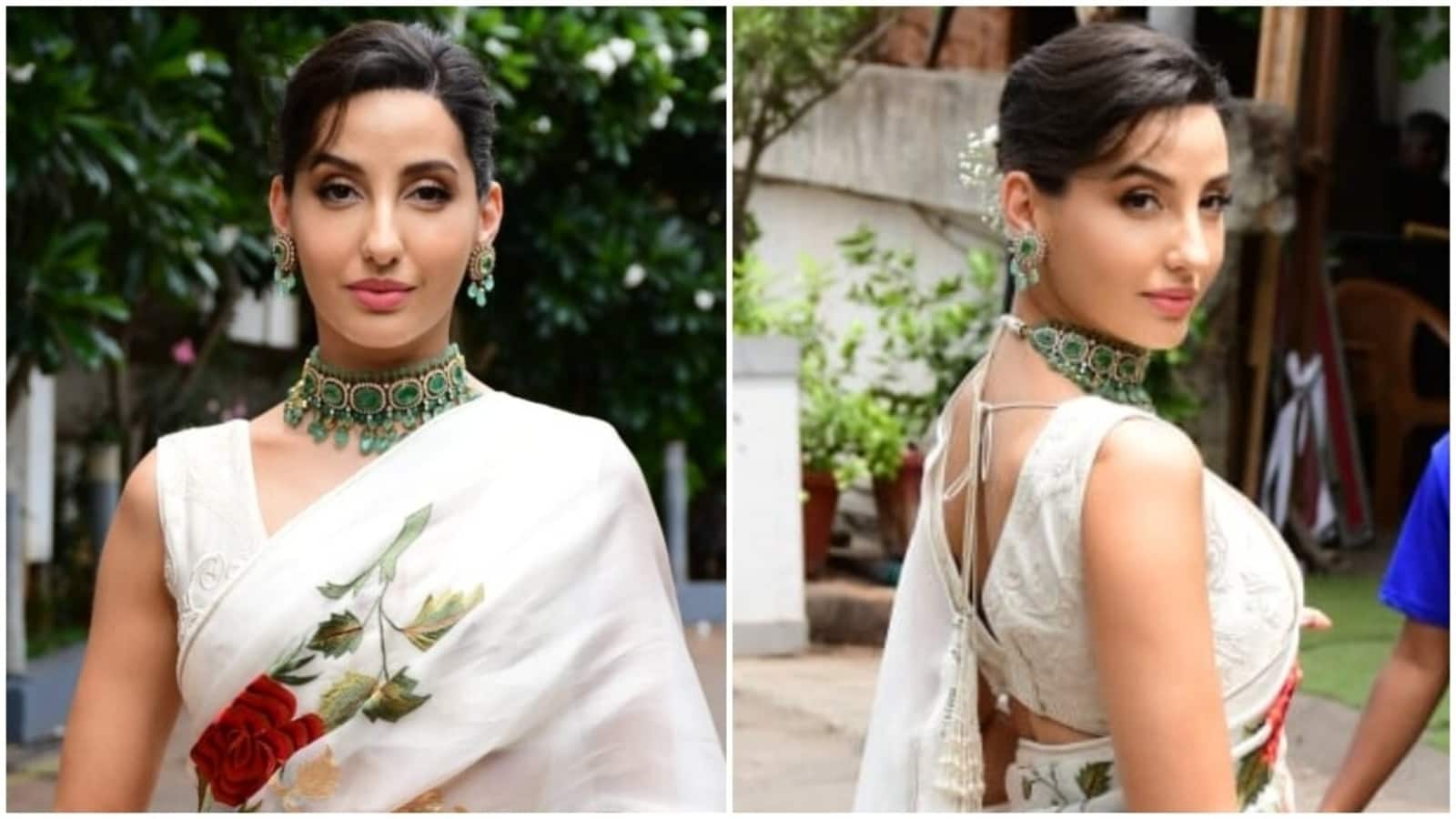 Nora Fatehi in ivory floral print saree embraces Indian magnificence for Dance Deewane Juniors shoot: See pics, video