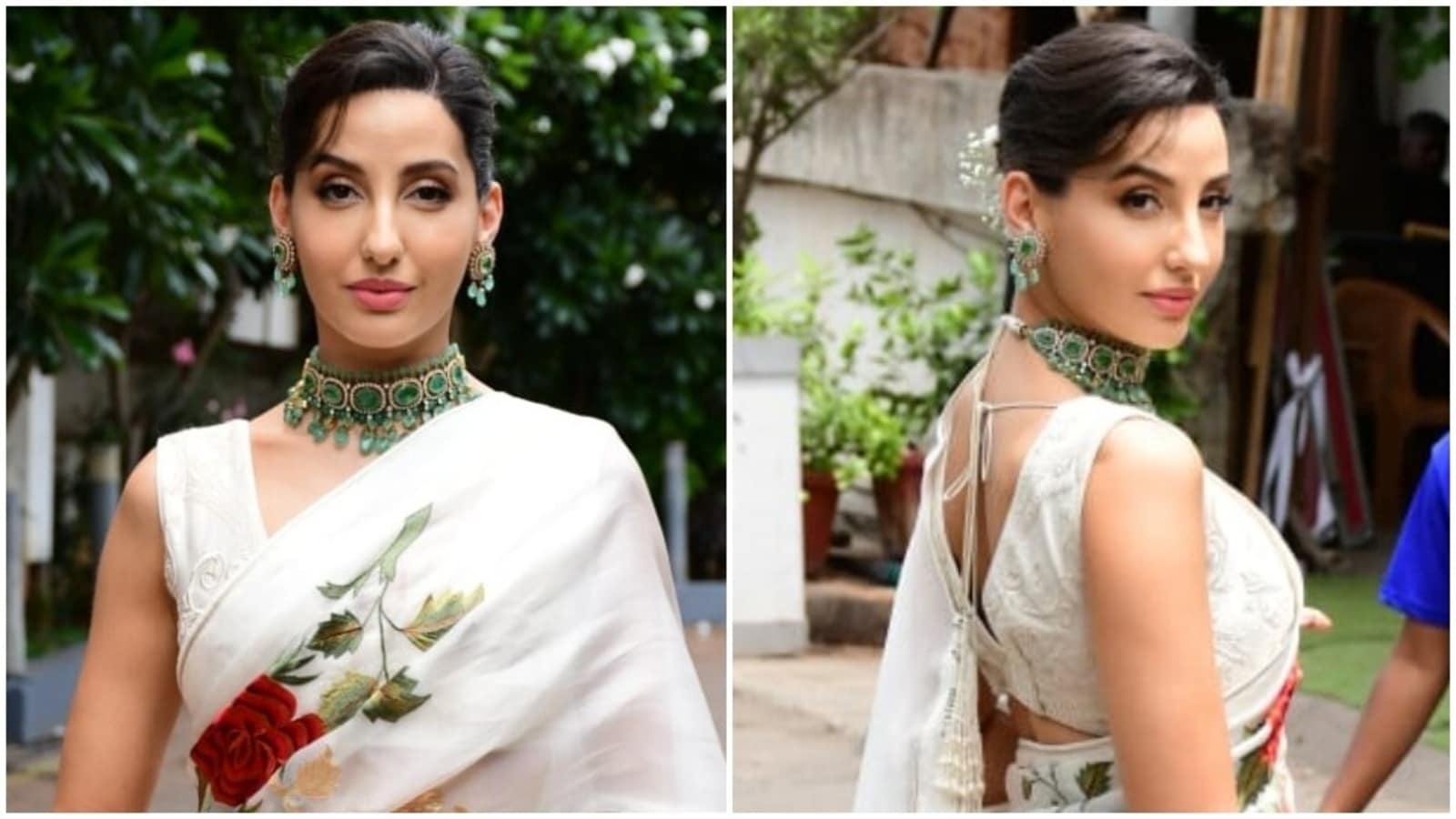 nora-fatehi-in-ivory-floral-print-saree-embraces-indian-elegance-for-dance-deewane-juniors-shoot-see-pics-video