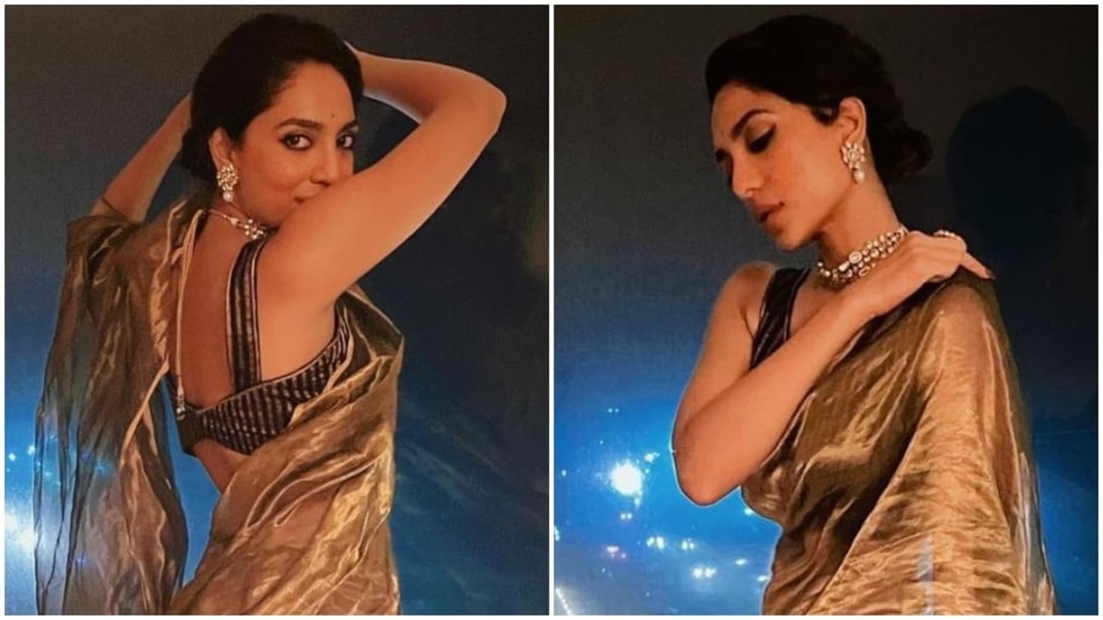 Sobhita Dhulipala in gold silk and zari saree and backless printed blouse channels free-spirited vibes