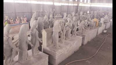 Statues being prepared at Ram Sewak Puram in Ayodhya for the Ram Kahta Kunj project. (Ravinder Singh) Statues being prepared at Ram Sewak Puram in Ayodhya for the Ram Kahta Kunj project. (Ravinder Singh)