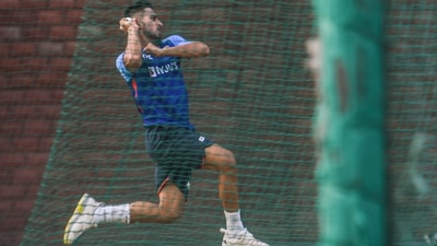 Umran Malik bowls during a practice session (PTI) Umran Malik bowls during a practice session (PTI)