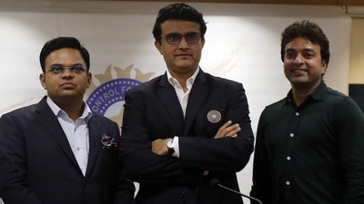 Sourav Ganguly, center, Secretary Jay Shah, left, and Treasurer Arun Dhumal stand for a photograph. (AP/File Photo) Sourav Ganguly, center, Secretary Jay Shah, left, and Treasurer Arun Dhumal stand for a photograph. (AP/File Photo)