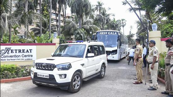 Shiv Sena MLAs being shifted from the resort to a hotel in south Mumbai on Tuesday. (PTI)