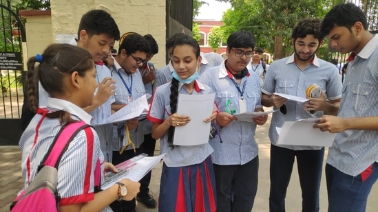 CBSE Class 12 mathematics exams 2022: CBSE Class 12 students discussing maths paper after exam in Lucknow on Tuesday.(Handout)