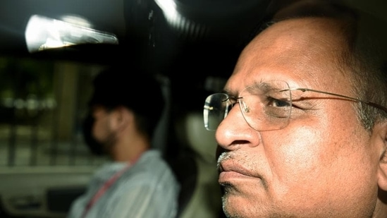 Delhi minister Satyendar Jain leaving with an ED team from the Rouse Avenue court complex after a judge remanded him in ED custody. (ANI File)
