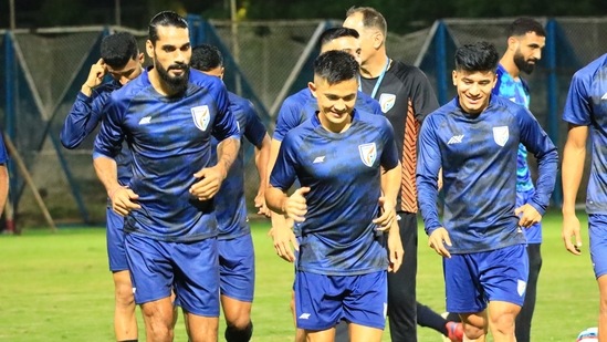 The Indian football team trains ahead of their match against Cambodia at the AFC Asian Cup qualifiers.(AIFF) The Indian football team trains ahead of their match against Cambodia at the AFC Asian Cup qualifiers.(AIFF)