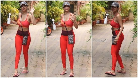 Malaika Arora gave a finishing touch to her gym look with bare face and sleek ponytail.&nbsp;(HT Photo/Varinder Chawla)