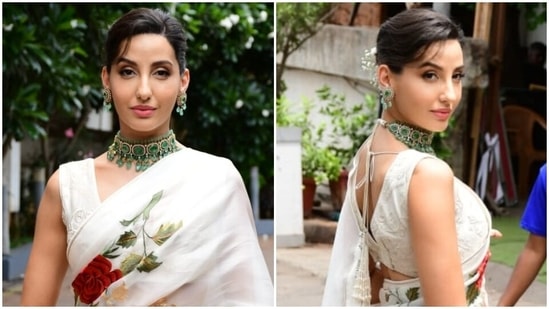 Nora Fatehi in ivory floral print saree embraces Indian elegance for Dance Deewane Juniors shoot(HT Photo/Varinder Chawla)