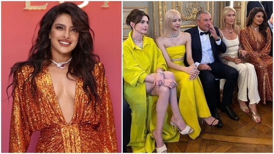 Priyanka Chopra in orange plunging neck dress worth <span class='webrupee'>?</span>1 lakh attends Bulgari event with BLACKPINK's Lisa, Anne Hathaway(Instagram/@jerryxmimi, @team_pc_)