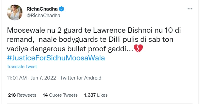 Richa Chadha's tweet on Lawrence Bishnoi's security.