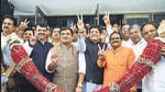 BJP candidates for Rajya Sabha elections, Dhananjay Mahadik, Piyush Goyal and Anil Bonde, after filing their nomination papers, at Vidhan Bhavan, in Mumbai. (ANI) BJP candidates for Rajya Sabha elections, Dhananjay Mahadik, Piyush Goyal and Anil Bonde, after filing their nomination papers, at Vidhan Bhavan, in Mumbai. (ANI)