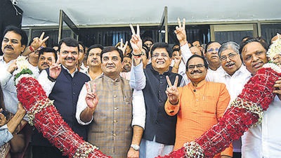 BJP candidates for Rajya Sabha elections, Dhananjay Mahadik, Piyush Goyal and Anil Bonde, after filing their nomination papers, at Vidhan Bhavan, in Mumbai. (ANI) BJP candidates for Rajya Sabha elections, Dhananjay Mahadik, Piyush Goyal and Anil Bonde, after filing their nomination papers, at Vidhan Bhavan, in Mumbai. (ANI)