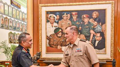Army chief General Manoj Pande with General Charles A Flynn. (PTI) Army chief General Manoj Pande with General Charles A Flynn. (PTI)