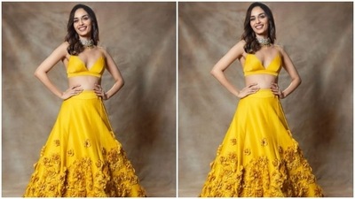 Manushi paired a slip-in blouse with a plunging neckline with a long flowy yellow skirt with floral patterns in tulle details near to the ankles. (Instagram/@manushi_chhillar)