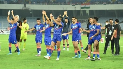 Indian football team celebrate their win against Cambodia at AFC Asian Cup qualifier. (AIFF) Indian football team celebrate their win against Cambodia at AFC Asian Cup qualifier. (AIFF)