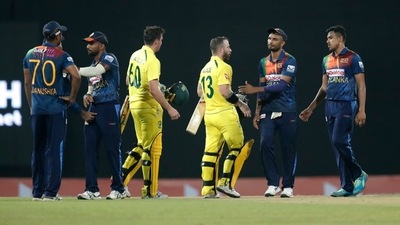 Sri Lanka's team members congratulate Australia's Matthew Wade and Jhye Richardson for their victory in the second Twenty20 cricket match between Sri Lanka and Australia in Colombo, Sri Lanka. (AP) Sri Lanka's team members congratulate Australia's Matthew Wade and Jhye Richardson for their victory in the second Twenty20 cricket match between Sri Lanka and Australia in Colombo, Sri Lanka. (AP)