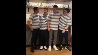 The husbands wearing the matching shirts that their wives got for them as a surprise. (Instagram/@eelynnlai) The husbands wearing the matching shirts that their wives got for them as a surprise. (Instagram/@eelynnlai)