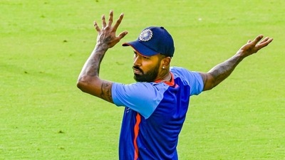 Hardik Pandya during practice session. (HT)