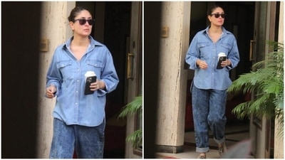 Kareena wore a button-down collared denim shirt with a high-low hemline, full sleeves, patch pockets on the front and a loose silhouette. She paired it with printed denim pants featuring folded hems and a straight fitting. (HT Photo/Varinder Chawla) Kareena wore a button-down collared denim shirt with a high-low hemline, full sleeves, patch pockets on the front and a loose silhouette. She paired it with printed denim pants featuring folded hems and a straight fitting. (HT Photo/Varinder Chawla)