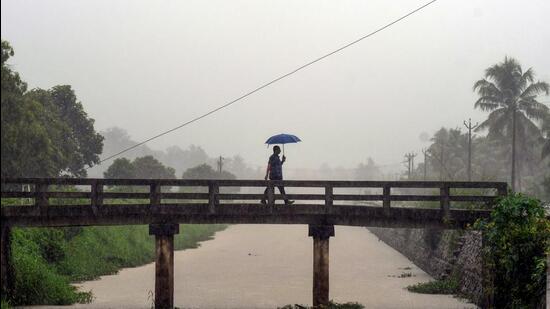 A man holding an umbrella walks on a bridge during rain at Vellayani, in Thiruvananthapuram on May 30. (PTI)