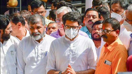 Shiv Sena candidates Sachin Ahir and Amshya Padvi after filing their nomination papers for the state legislative council elections, at Vidhan Bhavan on Wednesday. Tourism minister Aaditya Thackeray is also seen. PTI Photo