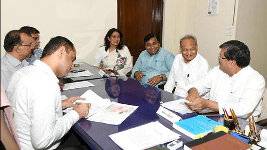 Congress nominee Mukul Wasnik accompanied by Rajasthan chief minister Ashok Gehlot and others during filing his nomination papers for the upcoming Rajya Sabha elections. (ANI)