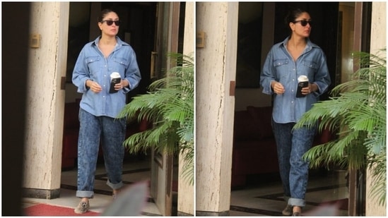 In the end, Kareena chose printed loafers, tinted sunglasses and a ring to complete her accessories. She rounded it all off with nude lip shade, glowing skin, and a sleeked back low bun.(HT Photo/Varinder Chawla)