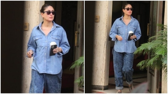 Kareena wore a button-down collared denim shirt with a high-low hemline, full sleeves, patch pockets on the front and a loose silhouette. She paired it with printed denim pants featuring folded hems and a straight fitting.(HT Photo/Varinder Chawla)