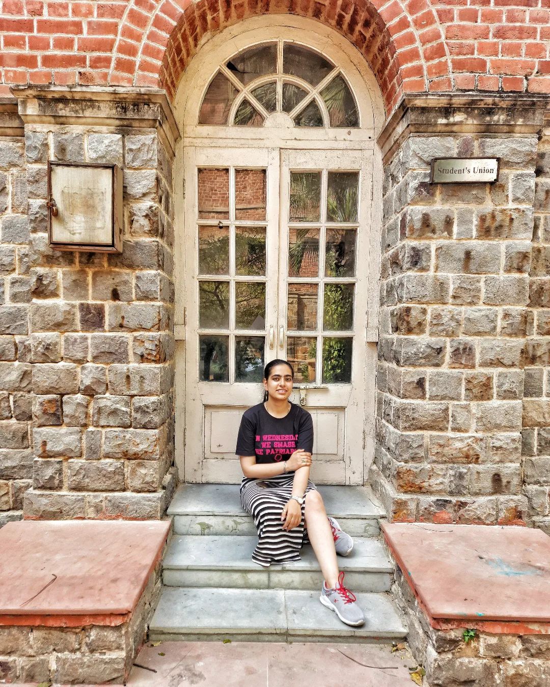 Miranda House student Aanchal Khera has clicked photos with the backdrop of red brick walls, each time she wore a new outfit during her college days. Miranda House student Aanchal Khera has clicked photos with the backdrop of red brick walls, each time she wore a new outfit during her college days.