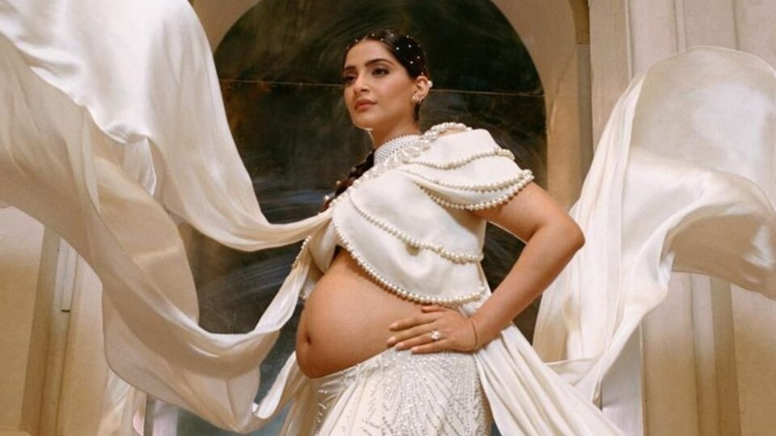Birthday girl Sonam Kapoor displays baby bump in ivory blouse and skirt set for regal pregnancy photoshoot