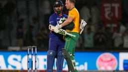 India's captain Rishabh Pant, left, reacts as he greets South Africa's David Miller to congratulate him on their win in the first Twenty20 cricket match(AP)