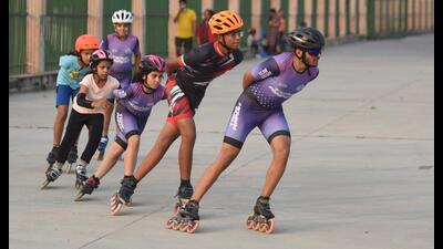A skating camp underway near Janeshwar Mishra Park in Lucknow. (Deepak Gupta/HT)