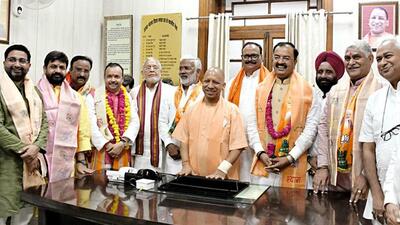 BJP candidates with Uttar Pradesh chief minister Yogi Adityanath after filing their nominations for Uttar Pradesh MLC polls in Lucknow on Thursday. (ANI PHOTO) BJP candidates with Uttar Pradesh chief minister Yogi Adityanath after filing their nominations for Uttar Pradesh MLC polls in Lucknow on Thursday. (ANI PHOTO)