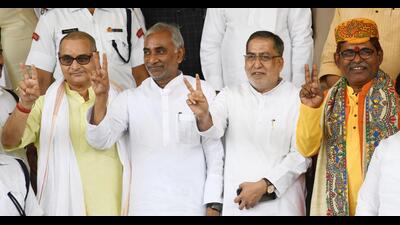 JDU and BJP candidates after filing their nomination papers for the Bihar MLC elections at Vidhan Sabha in Patna on Thursday. (Santosh Kumar/HT Photo) JDU and BJP candidates after filing their nomination papers for the Bihar MLC elections at Vidhan Sabha in Patna on Thursday. (Santosh Kumar/HT Photo)