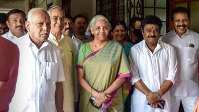 BJP Rajya Sabha candidates Nirmala Sitharaman, Jaggesh and Lehar Singh Siroya with former Karnataka chief mininter B S Yediyurappa at Vidhana Soudha to file their nomination papers for Rajya Sabha elections, in Bengaluru on May 31. (PTI) BJP Rajya Sabha candidates Nirmala Sitharaman, Jaggesh and Lehar Singh Siroya with former Karnataka chief mininter B S Yediyurappa at Vidhana Soudha to file their nomination papers for Rajya Sabha elections, in Bengaluru on May 31. (PTI)