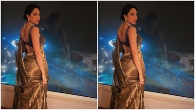 A few days back, Sobhita shared a set of pictures of her look from Major’s pre-release event in Vishakhapatnam. For the special day, Sobhita decked up in a golden saree. (Instagram/@sobhitad)