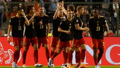 Belgium's Kevin De Bruyne celebrates scoring their second goal with teammates (REUTERS)