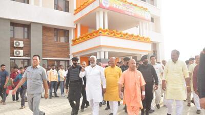 Chief minister Yogi Adityanath and U.P. BJP president Swatantra Dev Singh at the newly constructed regional office of the BJP in Gorakhpur on Thursday. (Amiruddin Guddu/HT Photo) Chief minister Yogi Adityanath and U.P. BJP president Swatantra Dev Singh at the newly constructed regional office of the BJP in Gorakhpur on Thursday. (Amiruddin Guddu/HT Photo)