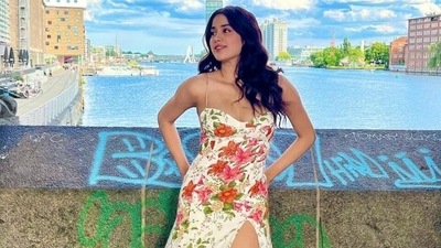 Janhvi Kapoor's thigh-high slit dress for chilling in Berlin is a must-have for summer wardrobe, it costs  ₹19k (Instagram)