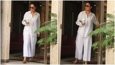 Kareena chose a white shirt and palazzo pants set in a pristine white shade for the outing. Her ensemble comes in an oversized fitting, making it a perfect pick for beating the heat with style. (HT Photo/Varinder Chawla) Kareena chose a white shirt and palazzo pants set in a pristine white shade for the outing. Her ensemble comes in an oversized fitting, making it a perfect pick for beating the heat with style. (HT Photo/Varinder Chawla)