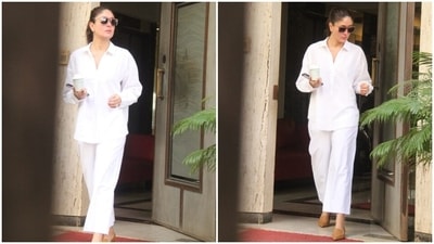 Kareena picked minimal accessories to style her day-out look. She opted for tan-coloured mojaris and tinted sunglasses with brown square frames. In the end, Kareena chose bare face, nude lip gloss and a sleek low bun for the glam picks. (HT Photo/Varinder Chawla) Kareena picked minimal accessories to style her day-out look. She opted for tan-coloured mojaris and tinted sunglasses with brown square frames. In the end, Kareena chose bare face, nude lip gloss and a sleek low bun for the glam picks. (HT Photo/Varinder Chawla)