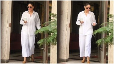 Kareena teamed the tunic shirt with high-waisted palazzo pants featuring a flared fitting from top to bottom and a high-ankle hem length. (HT Photo/Varinder Chawla) Kareena teamed the tunic shirt with high-waisted palazzo pants featuring a flared fitting from top to bottom and a high-ankle hem length. (HT Photo/Varinder Chawla)