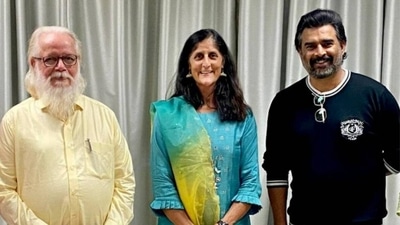 R Madhavan and Nambi Narayanan with astronaut Sunita Williams.
