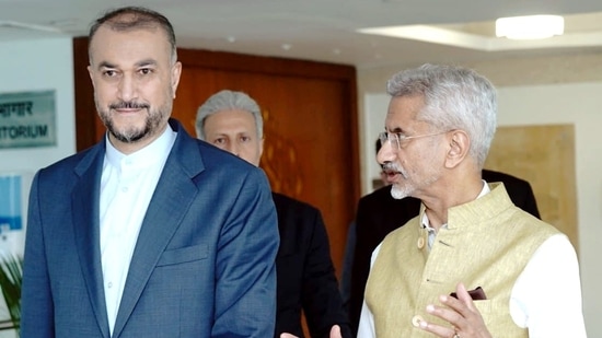 External affairs minister S Jaishankar interacts with his Iranian counterpart Hossein Amir-Abdollahian in New Delhi on Wednesday.(Source: S Jaishankar/Twitter)