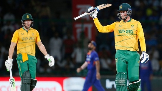 Rassie van der Dussen of South Africa celebrates his half-century during the first T20I match between India and South Africa at the Arun Jaitley Stadium (ANI).