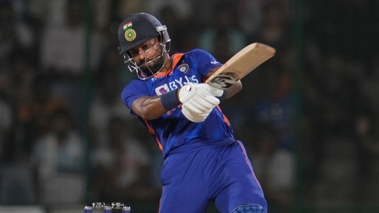India's Hardik Pandya hits a boundary during the first Twenty20 cricket match between India and South Africa (AP)