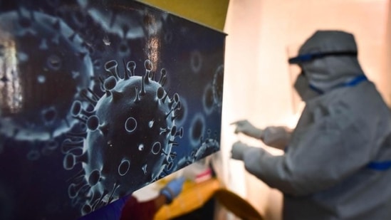 An illustration of the novel coronavirus seen next to a health care worker at a Covid-19 testing centre in New Delhi. (File photo)