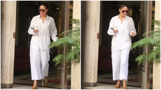 Kareena teamed the tunic shirt with high-waisted palazzo pants featuring a flared fitting from top to bottom and a high-ankle hem length.(HT Photo/Varinder Chawla)